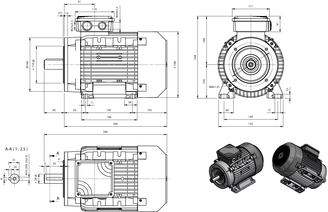 Maatschets draaistroommotor AM-serie IE1 bouwgrootte IEC 100L bouwvorm B3B14a