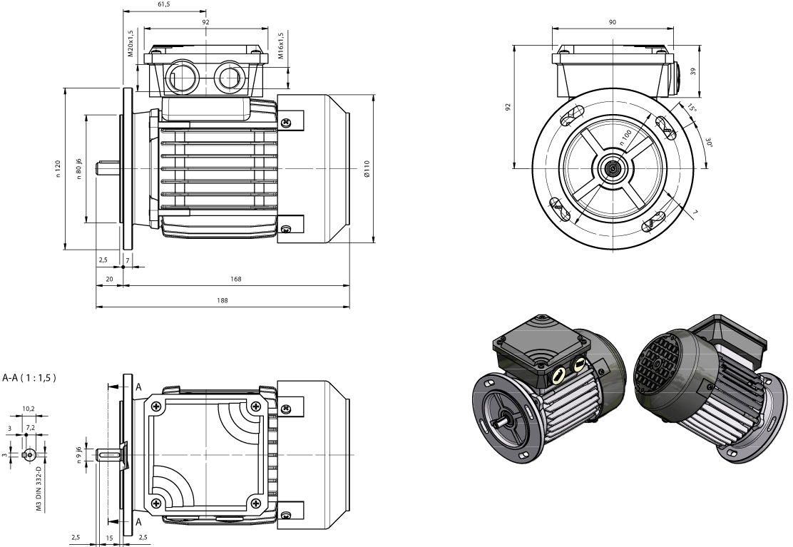 Maatschets draaistroommotor AM-serie IE1 bouwgrootte IEC 56 bouwvorm B5