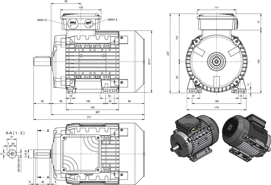 Maatschets draaistroommotor AMPE-serie IE3 bouwgrootte IEC 90 bouwvorm B3