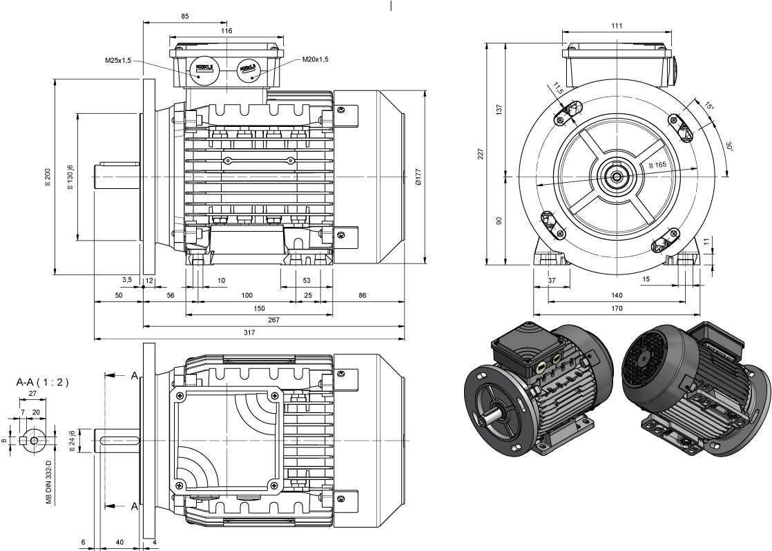 Maatschets draaistroommotor AMPE-serie IE3 bouwgrootte IEC 90 bouwvorm B3B5