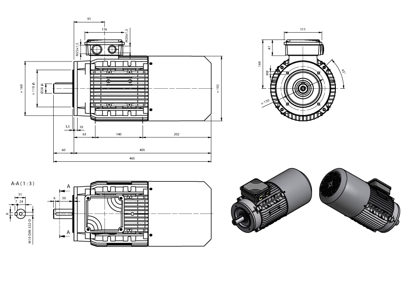Maatschets draaistroomremmotor AMxx-serie IE1 bouwgrootte IEC 100L bouwvorm B14 met K-rem of AC-rem