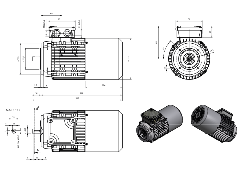 Maatschets draaistroomremmotor AMxx-serie IE1 bouwgrootte IEC 71 bouwvorm B14 met K-rem of AC-rem