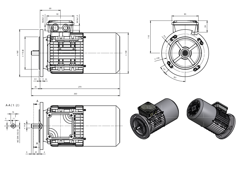 Maatschets draaistroomremmotor AMxx-serie IE1 bouwgrootte IEC 71 bouwvorm B5 met K-rem of AC-rem