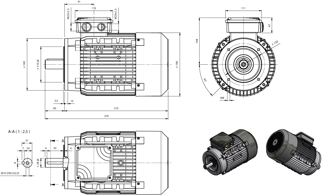 Maatschets draaistroomremmotor AMS-serie IE1 bouwgrootte IEC 100L bouwvorm B14a houdrem