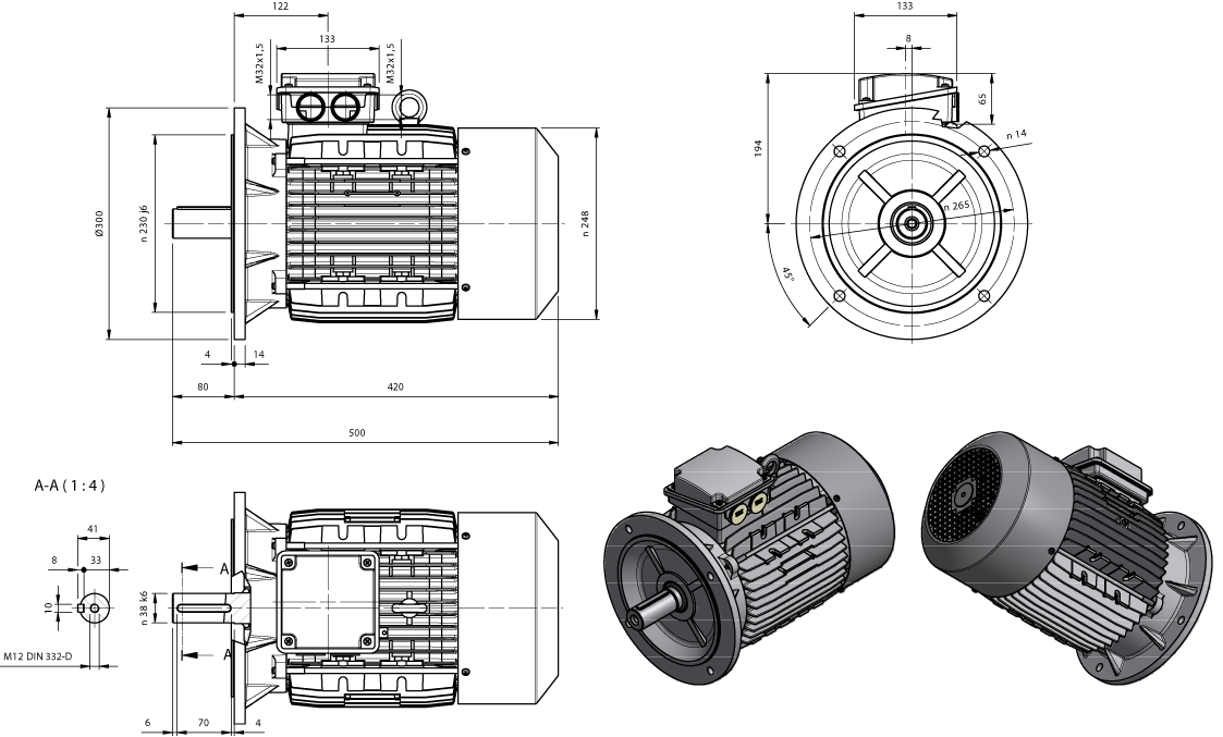Maatschets draaistroomremmotor AMS-serie IE1 bouwgrootte IEC 132M bouwvorm B5 houdrem