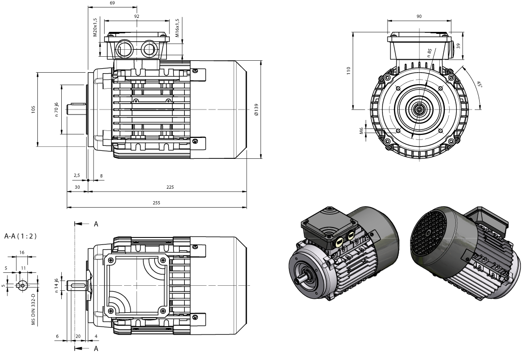 Maatschets draaistroomremmotor AMS-serie IE1 bouwgrootte IEC 71 bouwvorm B14a houdrem