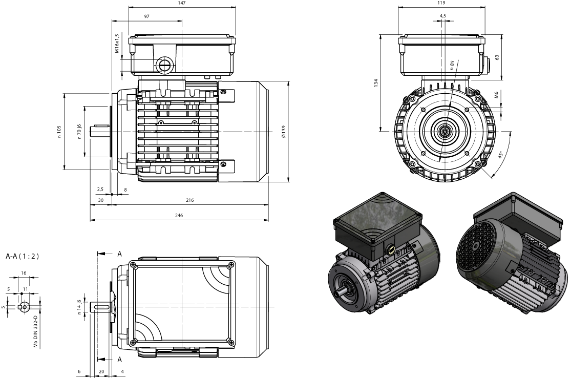 Maatschets eenfase motor AMM(E)-serie IE1 bouwgrootte IEC 71 bouwvorm B14