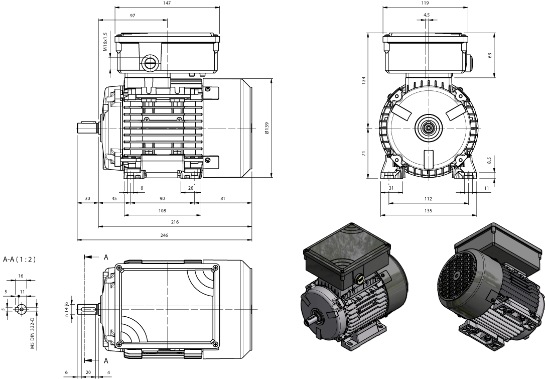 Maatschets eenfase motor AMM(E)-serie IE1 bouwgrootte IEC 71 bouwvorm B3
