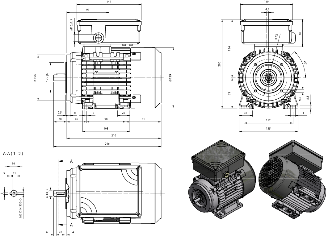 Maatschets eenfase motor AMM(E)-serie IE1 bouwgrootte IEC 71 bouwvorm B3/B14a