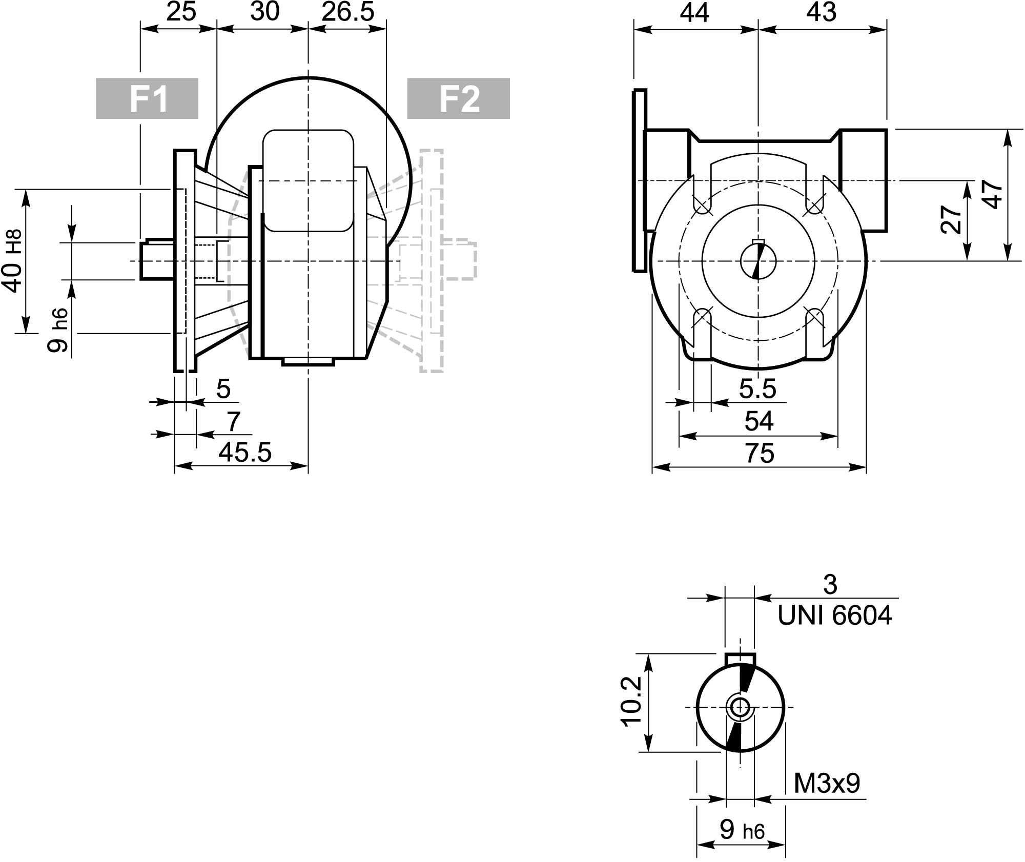 Maatschets Bonfiglioli Riduttori VF-serie wormwielkast type VF027 bouwvorm F met motoraanbouwflens P27/B5