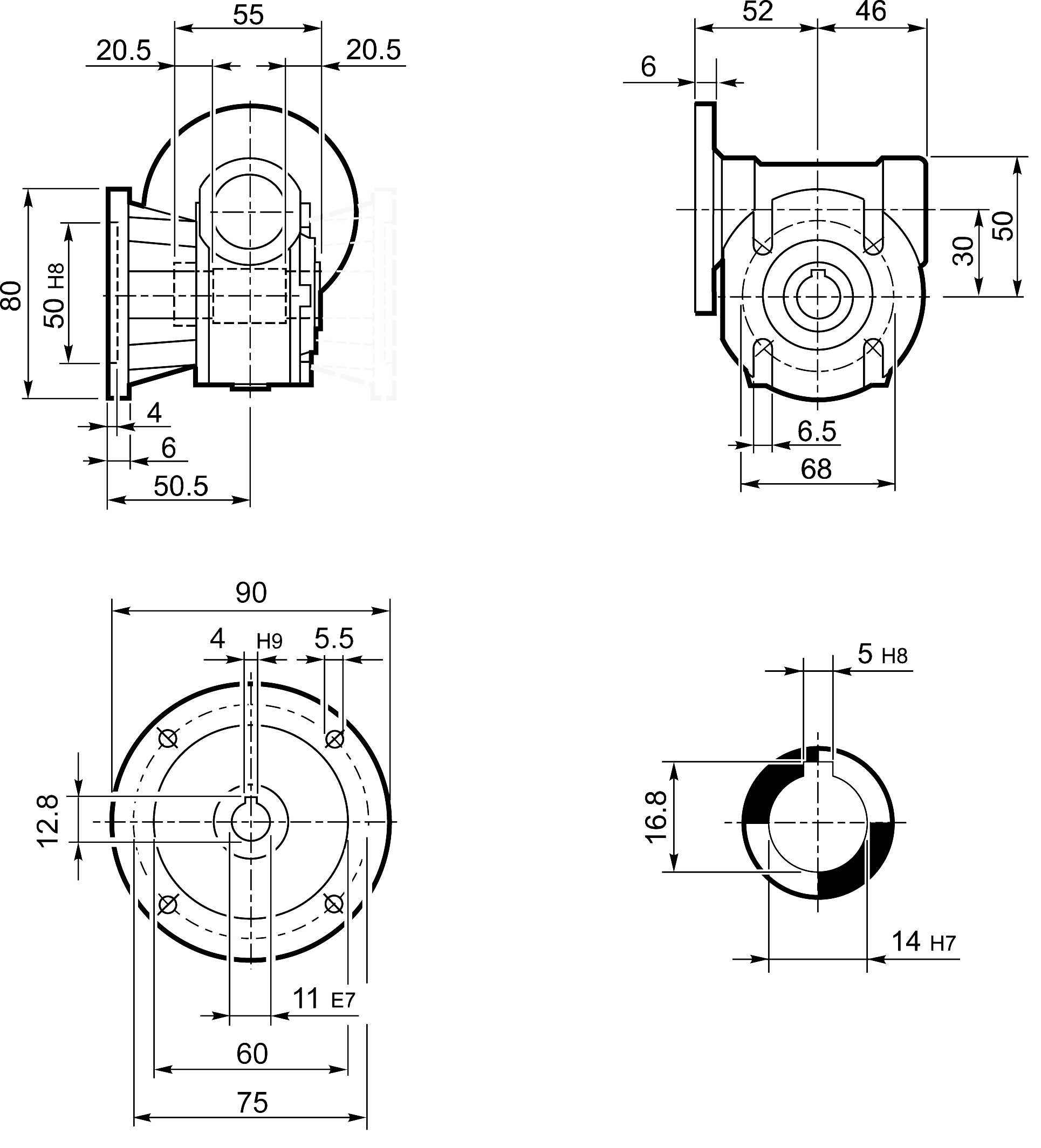 Maatschets Bonfiglioli Riduttori VF-serie wormwielkast type VF030 bouwvorm F1 met IEC motoraanbouwflens P063/B14