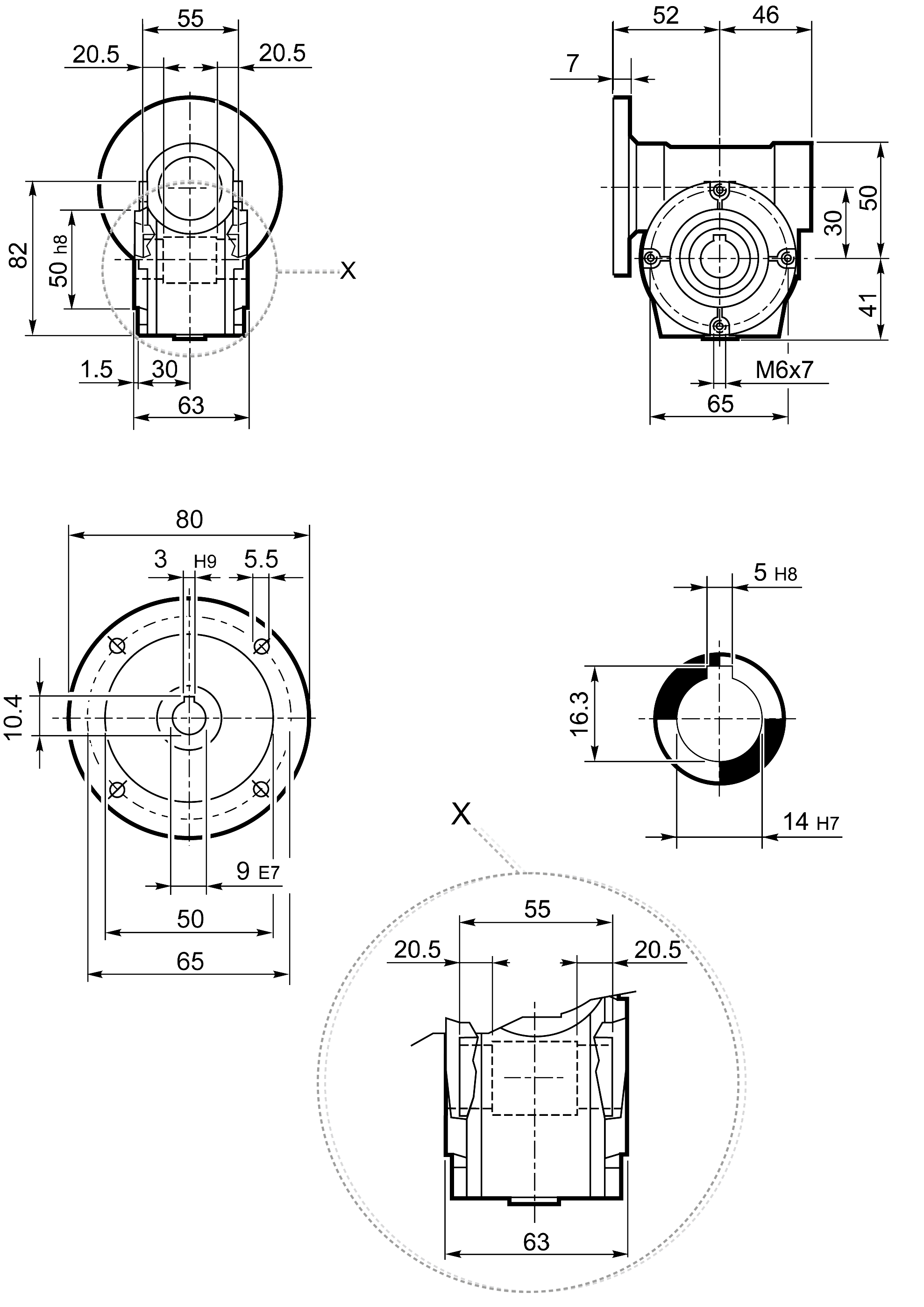 Maatschets Bonfiglioli Riduttori VF-serie wormwielkast type VF030 bouwvorm P met IEC motoraanbouwflens P056/B14