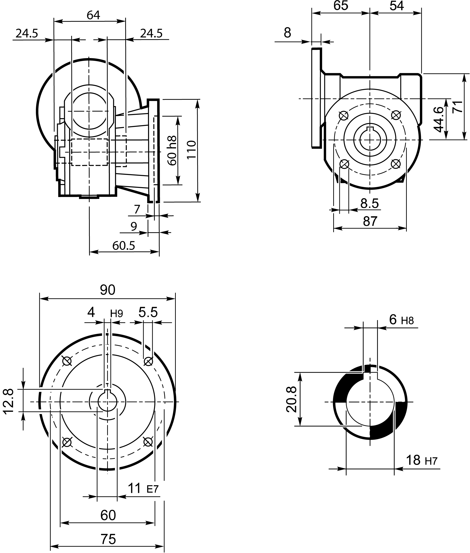 Maatschets Bonfiglioli Riduttori VF-serie wormwielkast type VF044 bouwvorm F2 met IEC motoraanbouwflens P063/B14