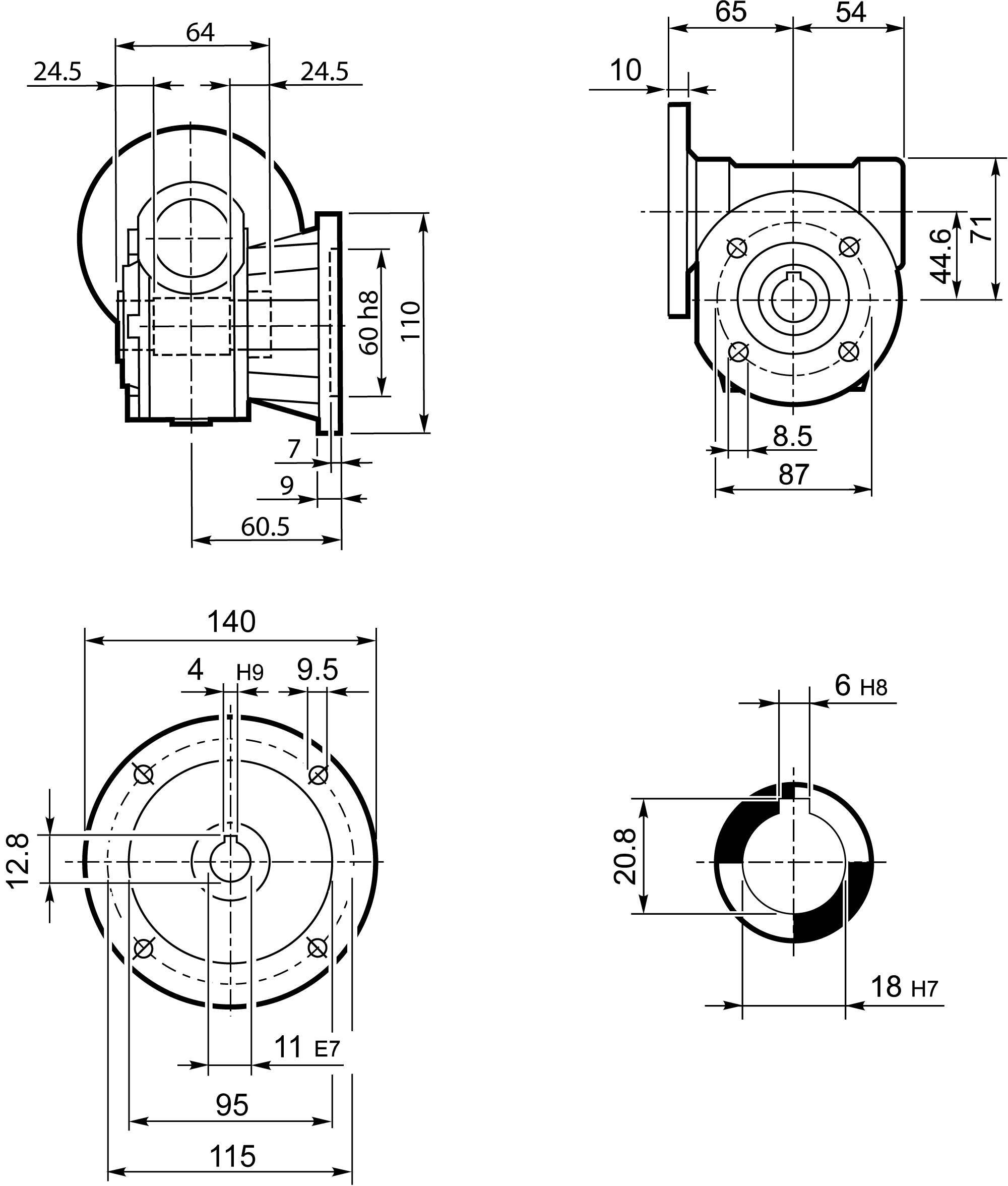 Maatschets Bonfiglioli Riduttori VF-serie wormwielkast type VF044 bouwvorm F2 met IEC motoraanbouwflens P063/B5