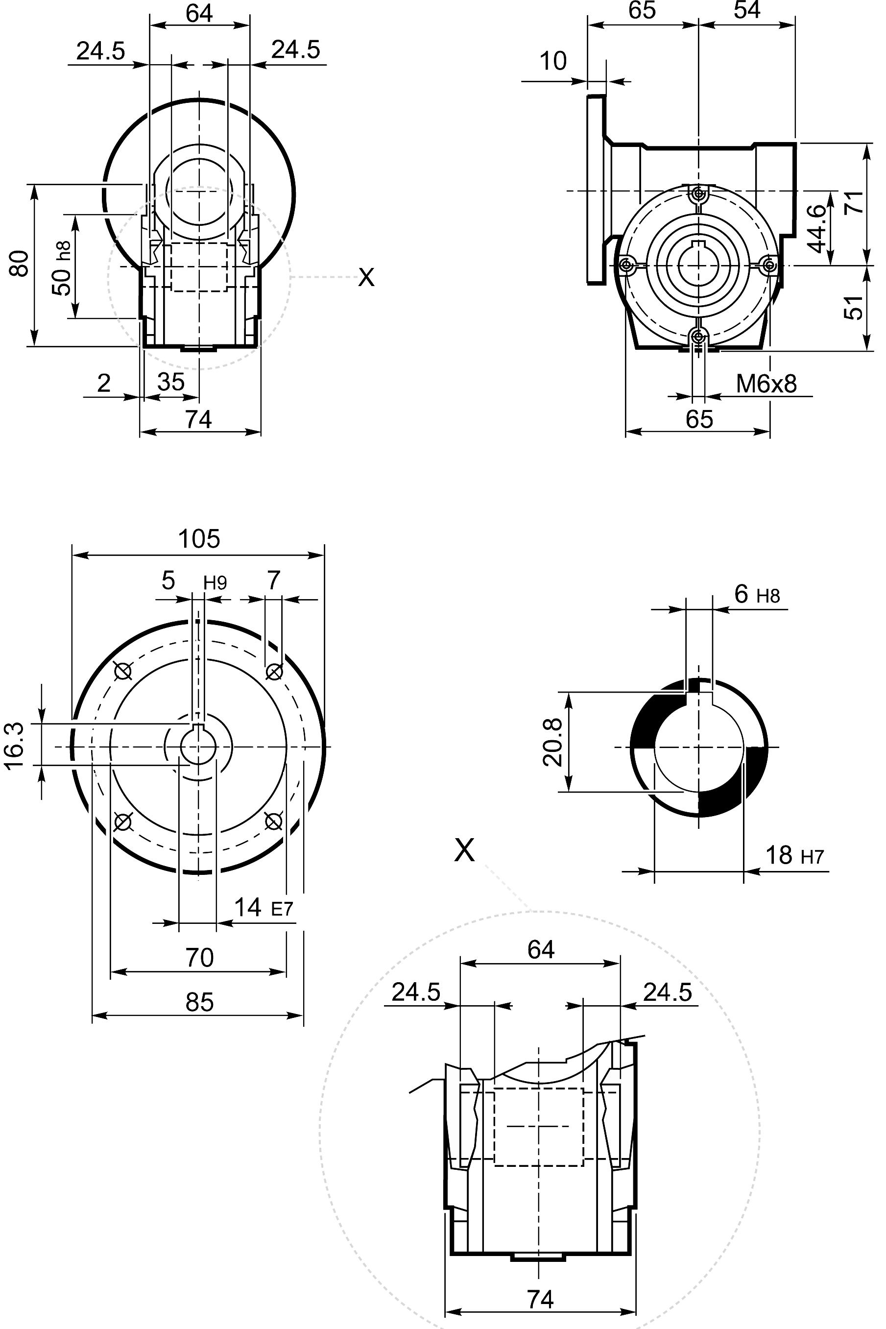 Maatschets Bonfiglioli Riduttori VF-serie wormwielkast type VF044 bouwvorm P met IEC motoraanbouwflens P071/B14