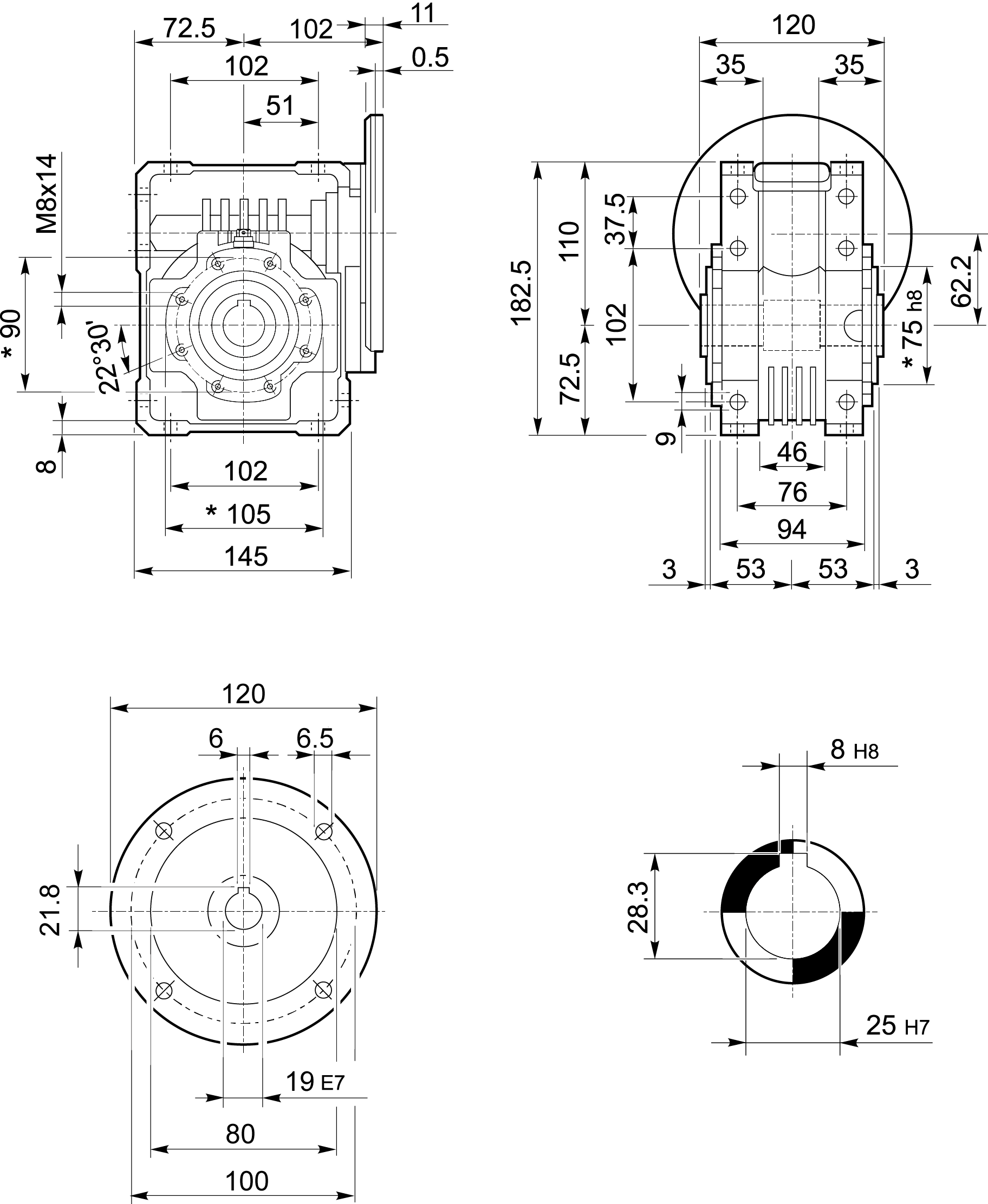 Maatschets Bonfiglioli Riduttori W-serie wormwielkast type W063 bouwvorm U met IEC motoraanbouwflens P080/B14