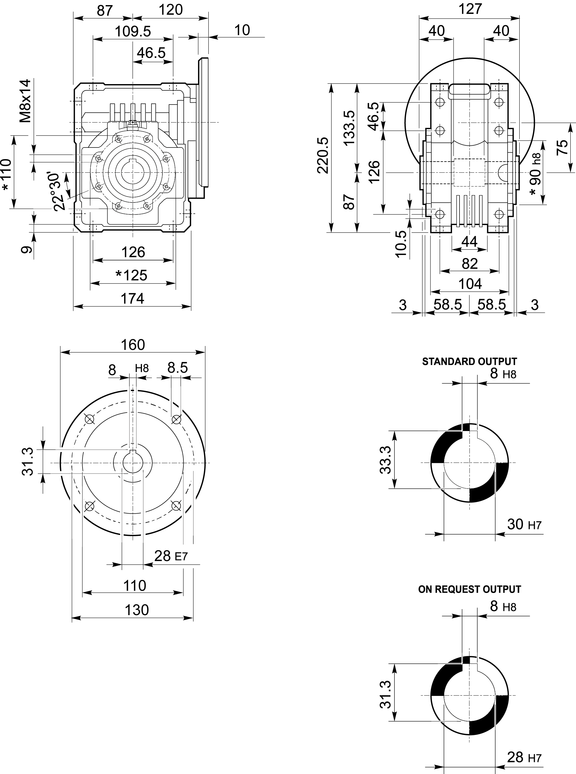 Maatschets Bonfiglioli Riduttori W-serie wormwielkast type W075 bouwvorm U met IEC motoraanbouwflens P100/B14