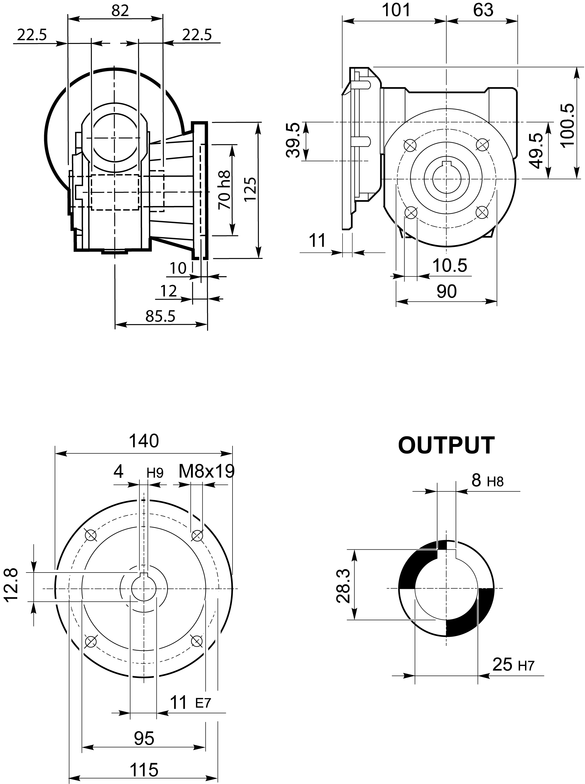 Maatschets Bonfiglioli Riduttori VFR-serie wormwielkast met tandwiel voorreductie type VFR049 bouwvorm F2 met IEC motoraanbouwflens P063/B5