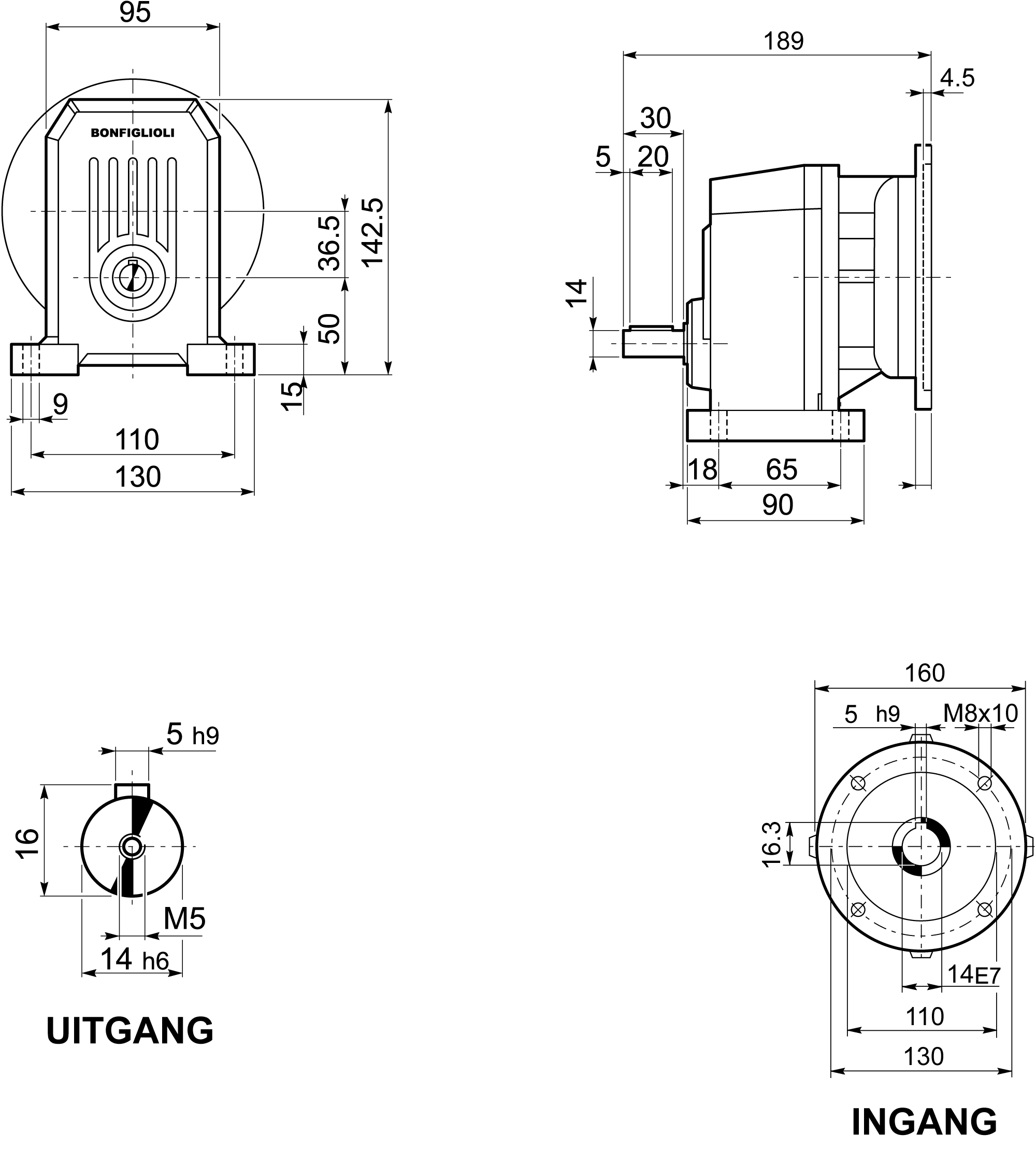 Maatschets eentraps tandwielreductor Bonfiglioli Riduttori S-serie typ S101/P met voetmontage en motoraanbouwflens IEC 71