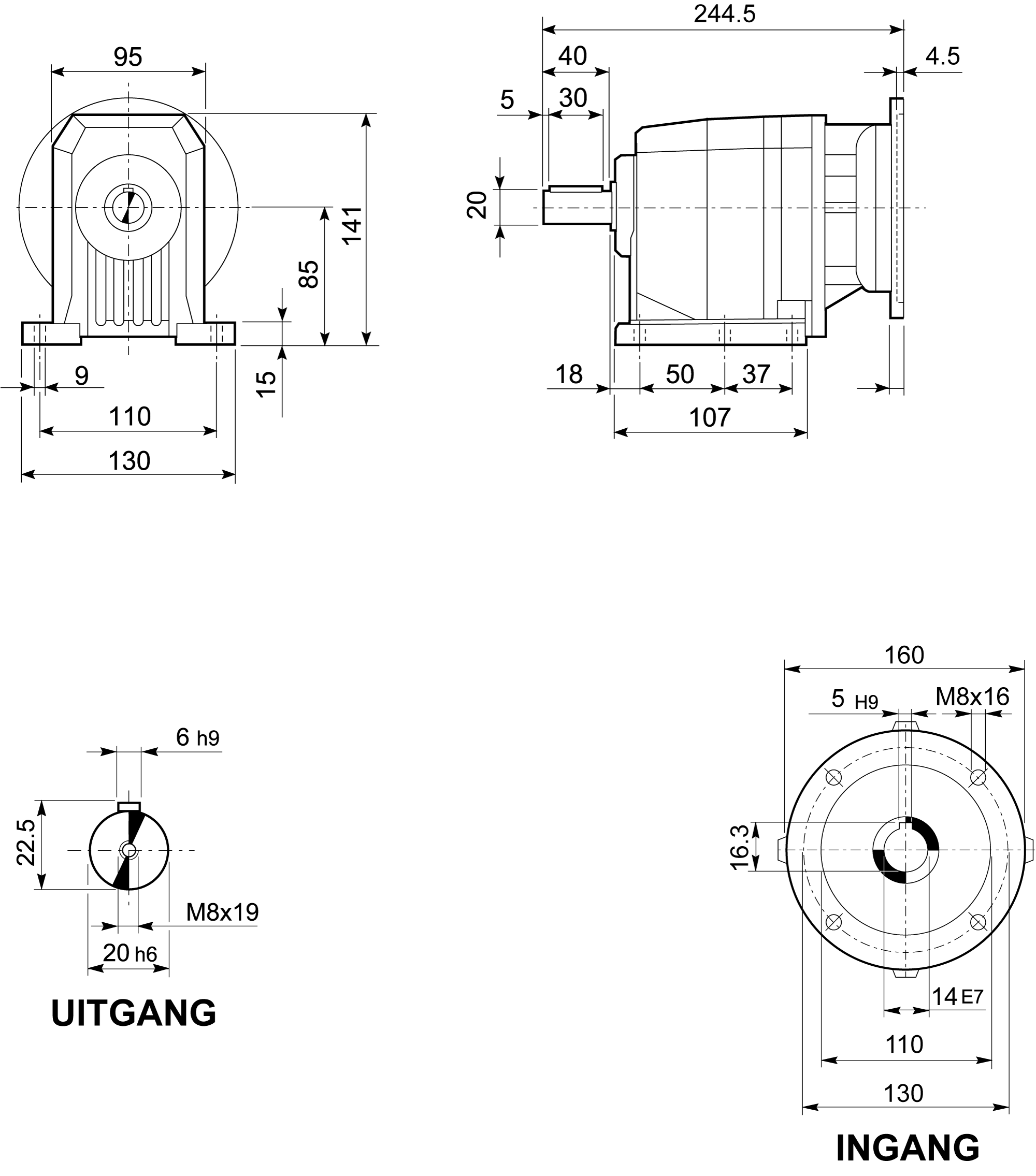 Maatschets Bonfiglioli Riduttori C-serie coaxiale tandwielkast type C0122 bouwvorm P met IEC motoraanbouwflens P071/B5