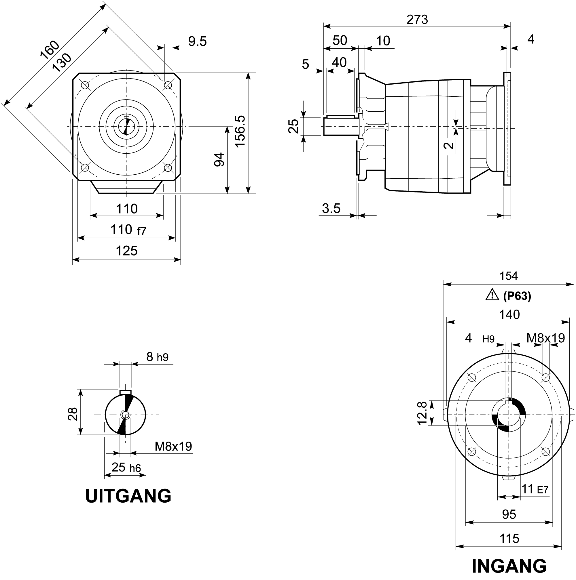 Maatschets Bonfiglioli Riduttori C-serie coaxiale tandwielkast type C0222 bouwvorm F met IEC motoraanbouwflens P063/B5