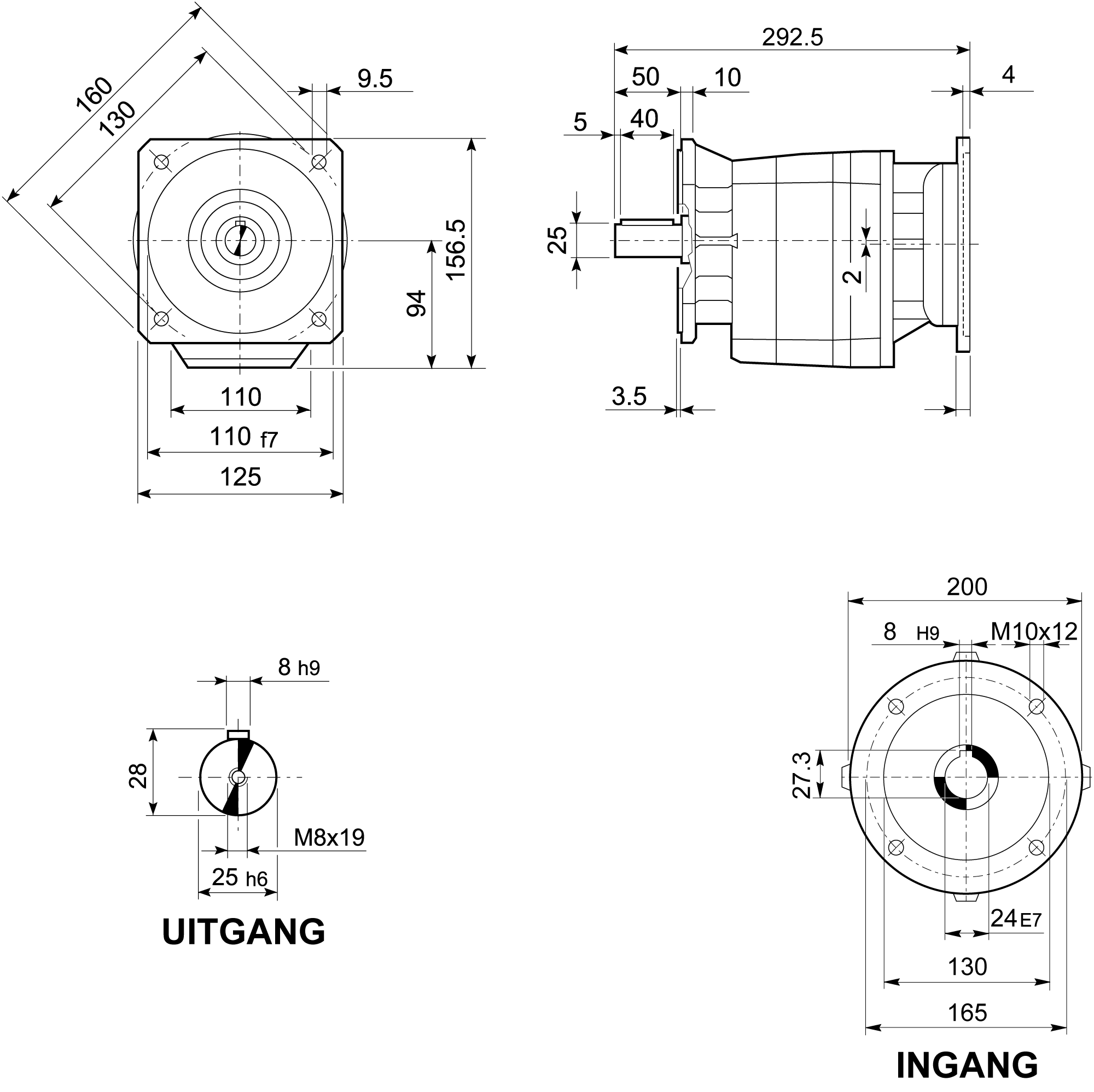Maatschets Bonfiglioli Riduttori C-serie coaxiale tandwielkast type C0222 bouwvorm F met IEC motoraanbouwflens P090/B5