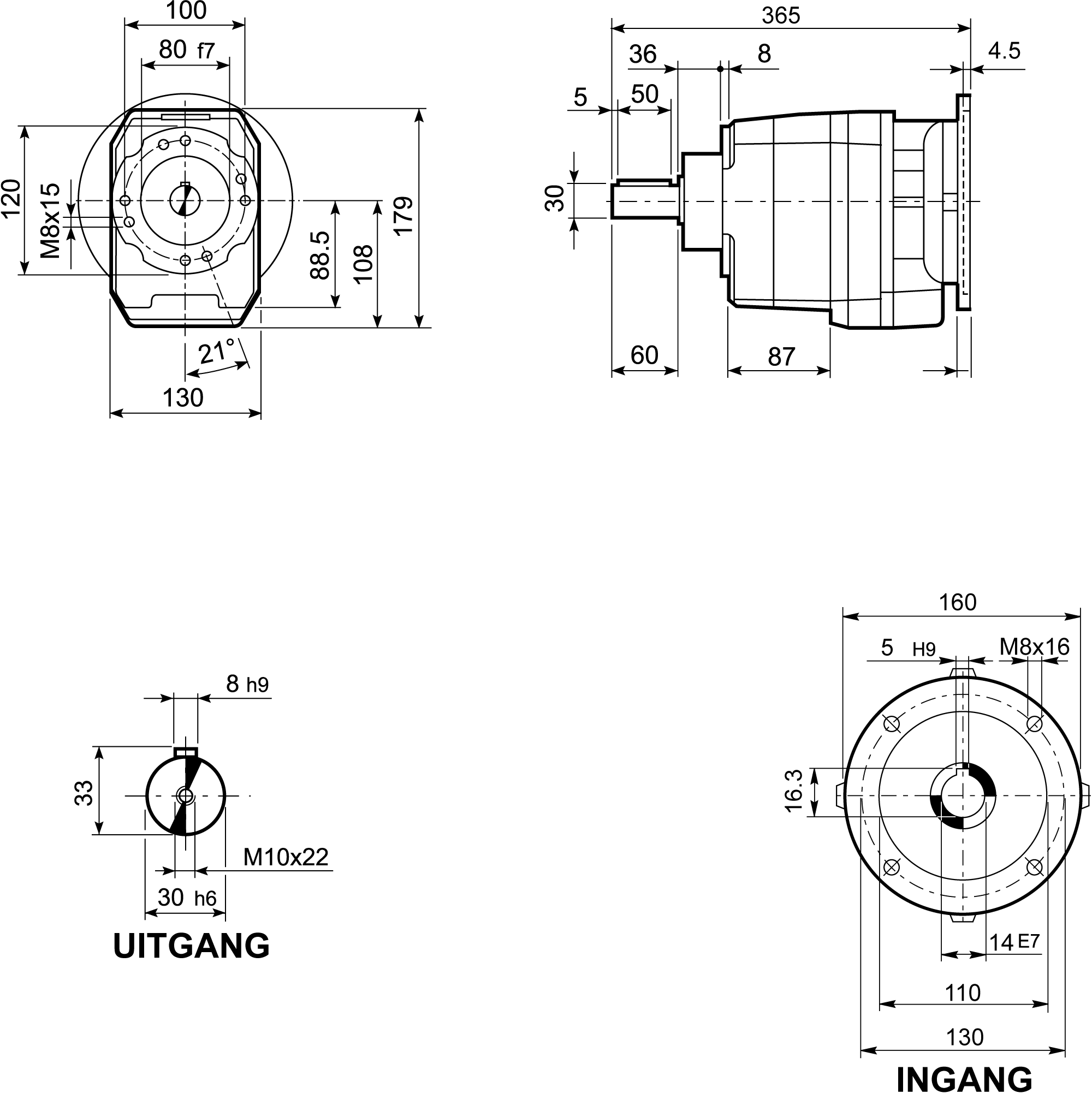 Maatschets Bonfiglioli Riduttori C-serie coaxiale tandwielkast type C0323 bouwvorm U met IEC motoraanbouwflens P071/B5