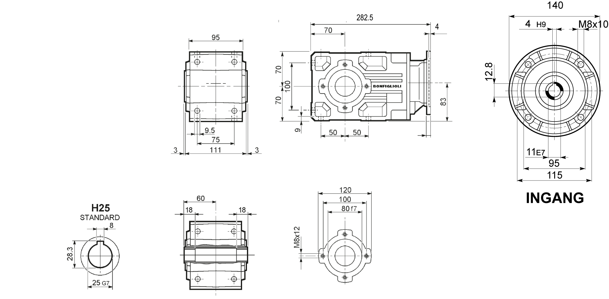 Maatschets Bonfiglioli Riduttori A-serie kegeltandwielkast type A0102 bouwvorm UH met IEC motoraanbouwflens P063/B5