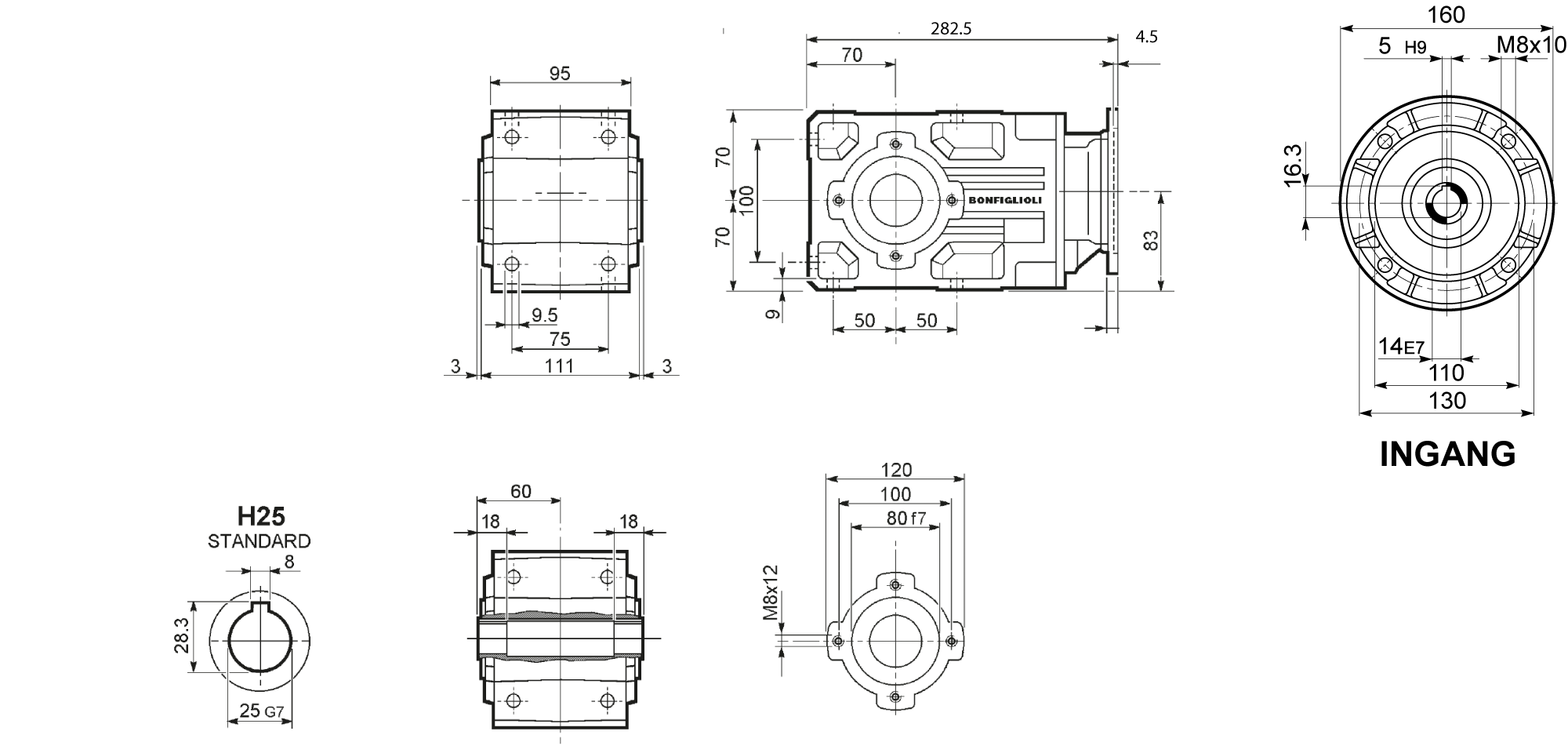 Maatschets Bonfiglioli Riduttori A-serie kegeltandwielkast type A0102 bouwvorm UH met IEC motoraanbouwflens P071/B5