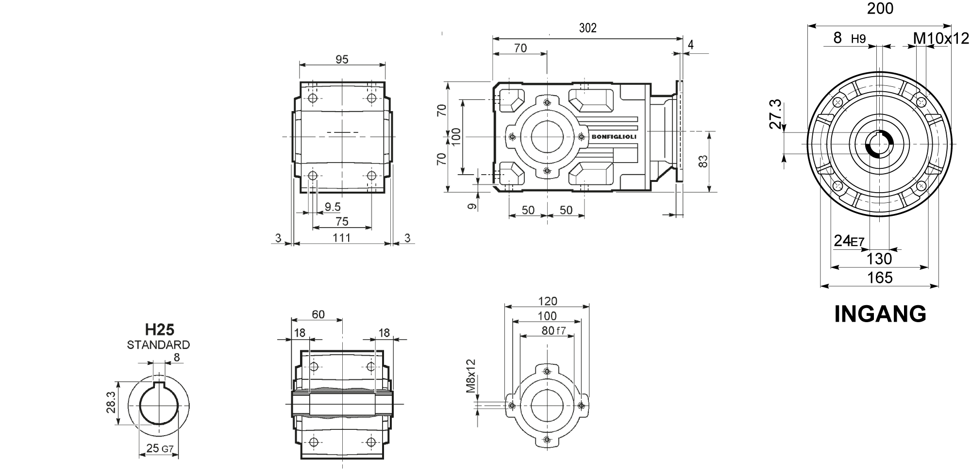 Maatschets Bonfiglioli Riduttori A-serie kegeltandwielkast type A0102 bouwvorm UH met IEC motoraanbouwflens P090/B5