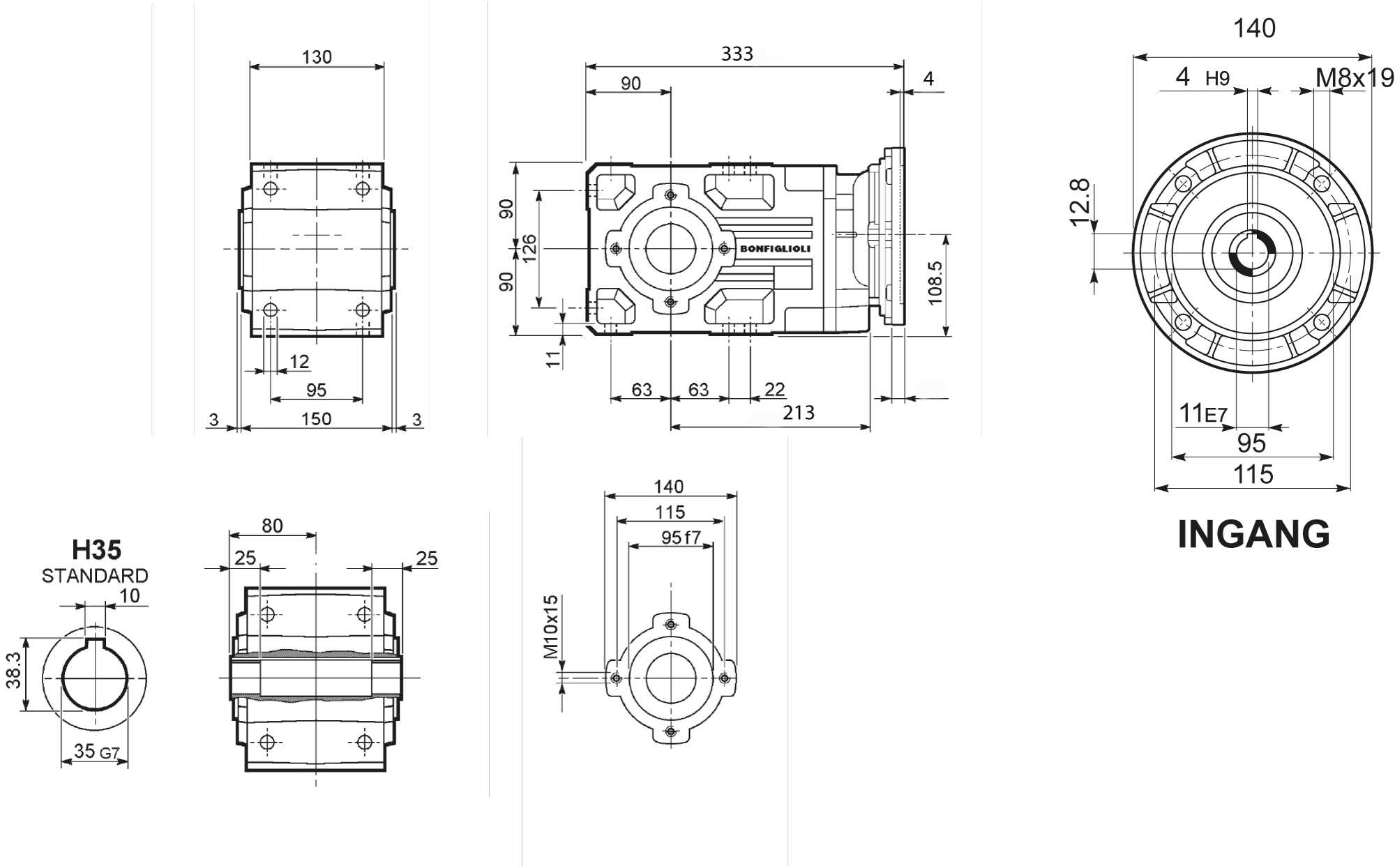 Maatschets Bonfiglioli Riduttori A-serie kegeltandwielkast type A0302 bouwvorm UH met IEC motoraanbouwflens P063/B5