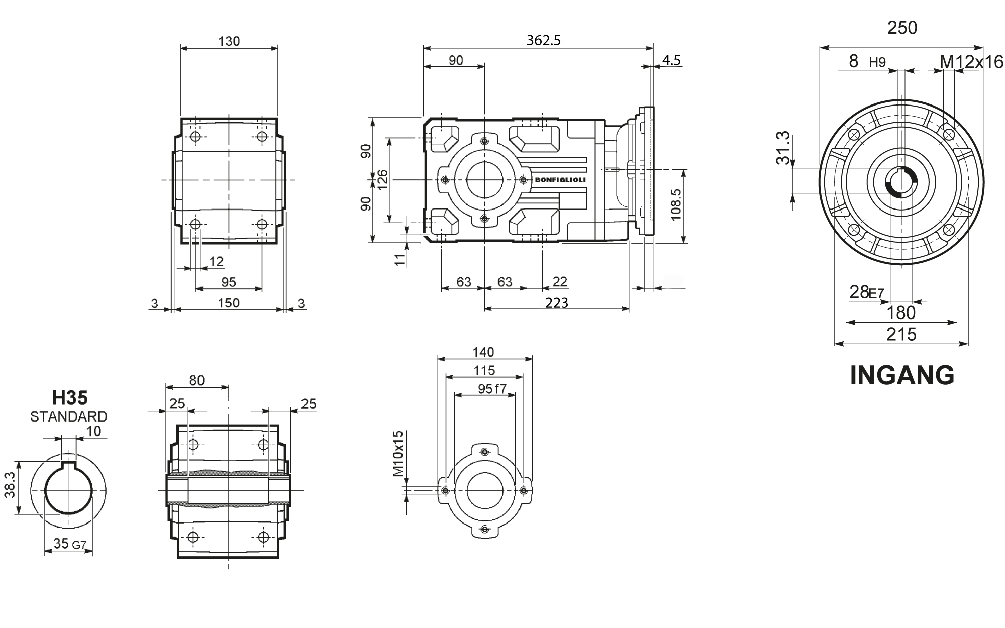 Maatschets Bonfiglioli Riduttori A-serie kegeltandwielkast type A0302 bouwvorm UH met IEC motoraanbouwflens P100/B5
