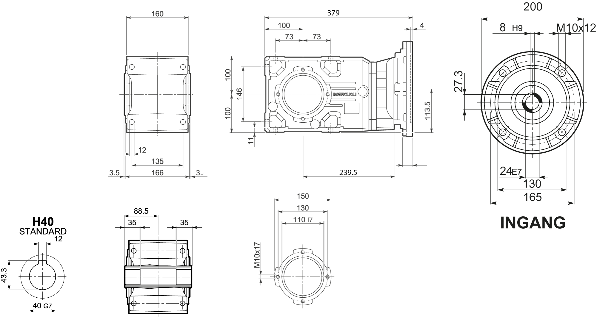 Maatschets Bonfiglioli Riduttori A-serie kegeltandwielkast type A0352 bouwvorm UH met IEC motoraanbouwflens P090/B5