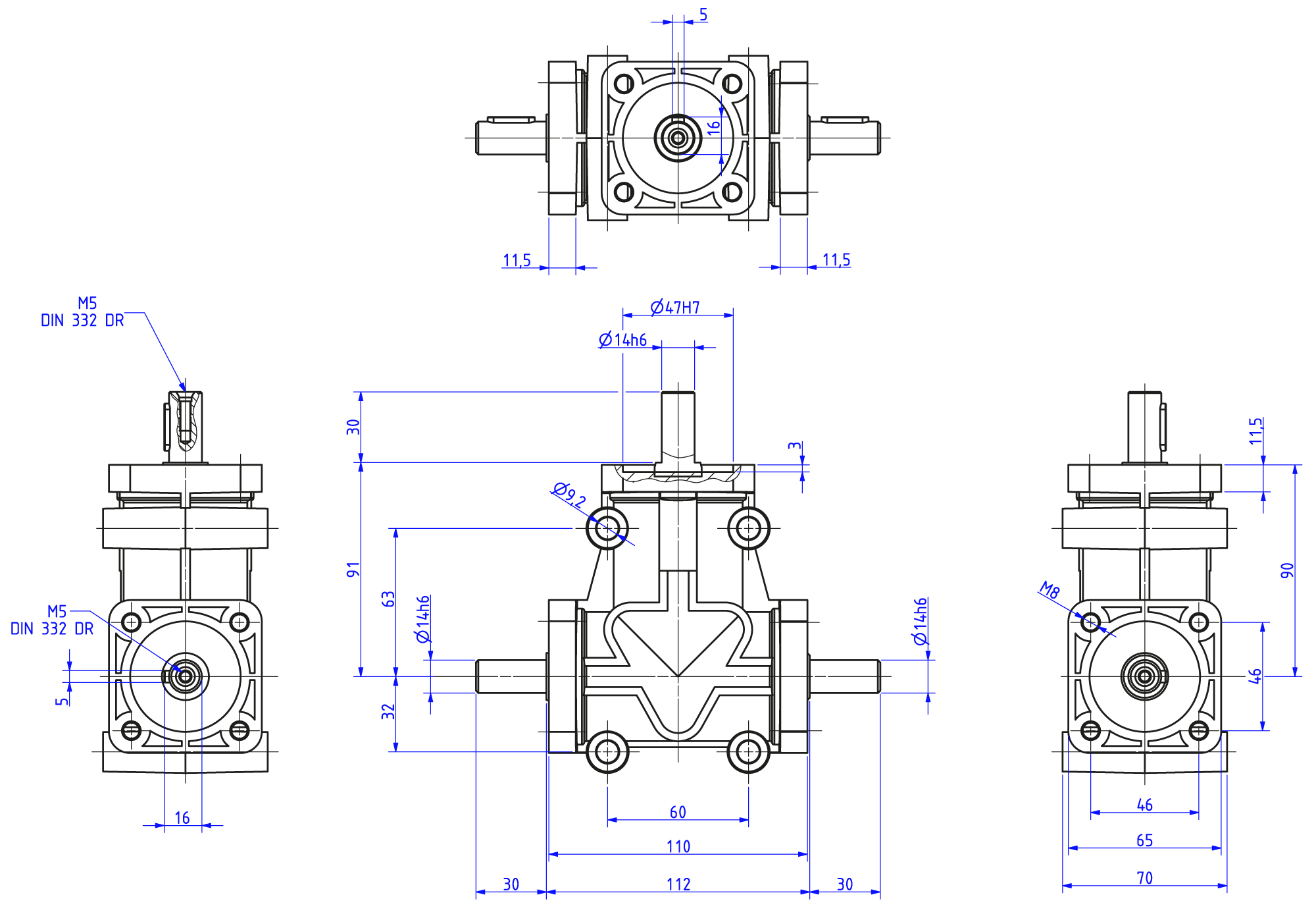 Maatschets haakse overbrenging RAN18.14 bouwvorm DA massief uitgaande as 14mm - HS massief ingaande as 14mm