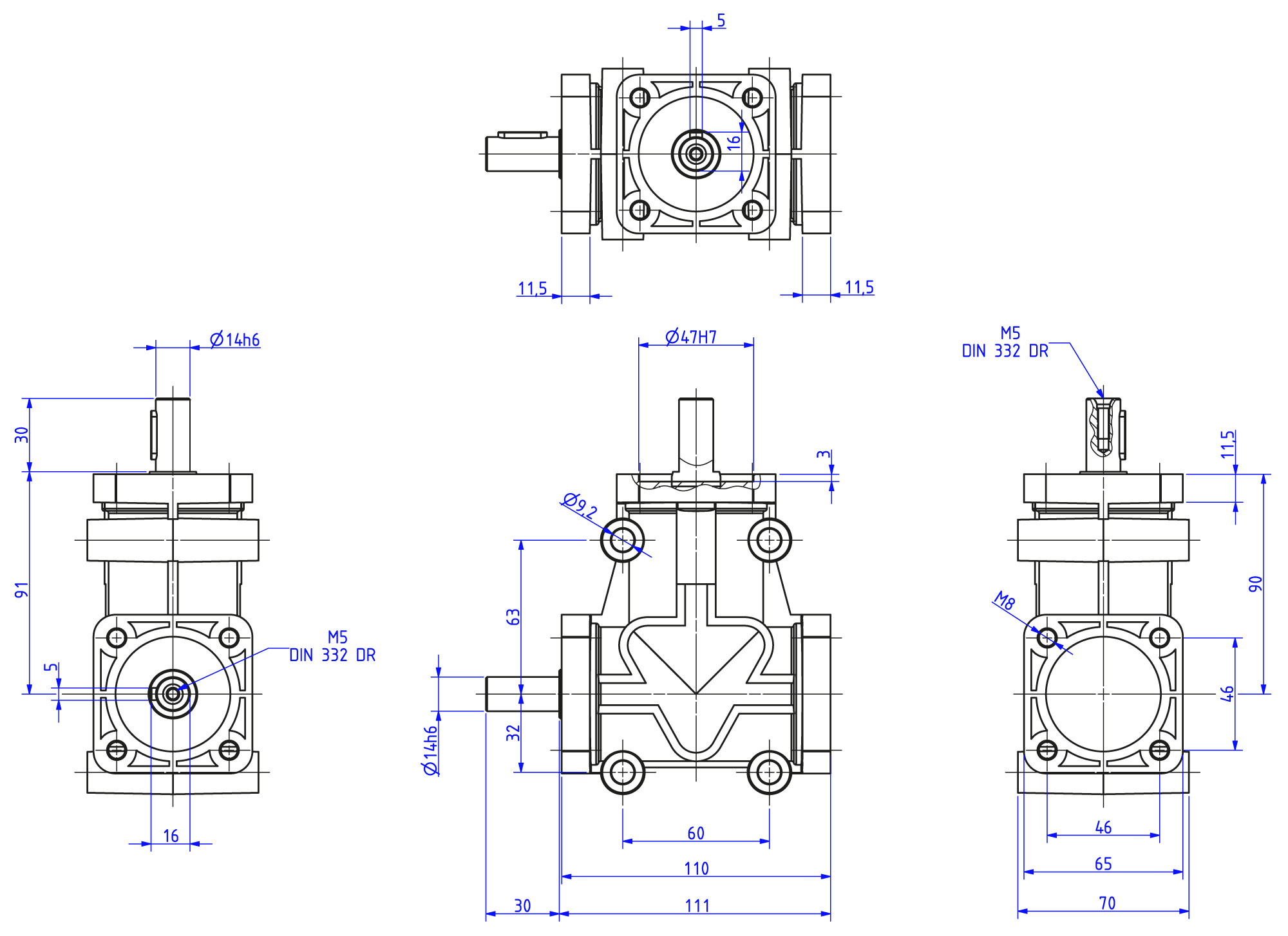 Maatschets haakse overbrenging RAN18.14 bouwvorm SA massief uitgaande as 14mm - HS massief ingaande as 14mm