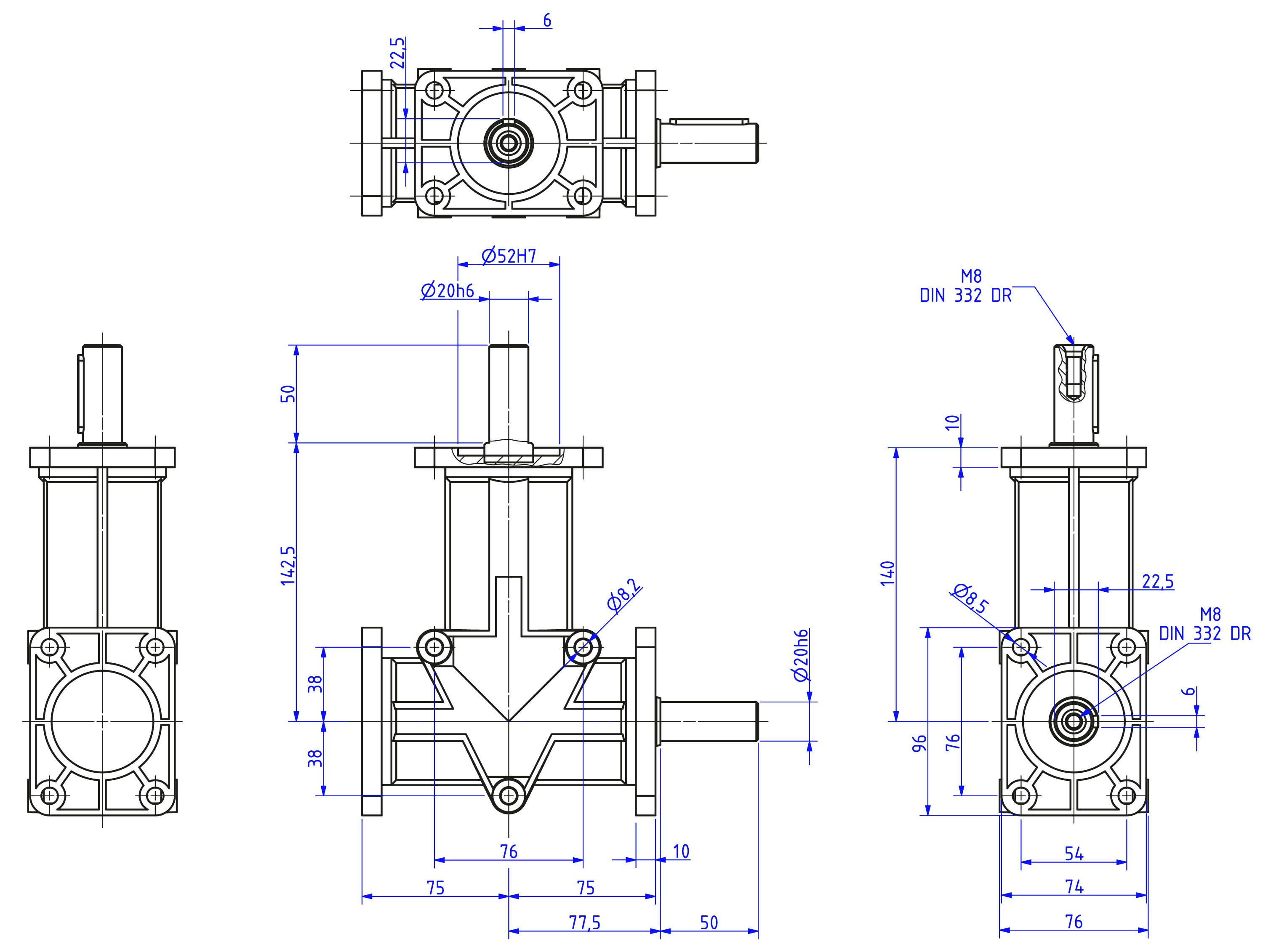 Maatschets haakse overbrenging RAN20 bouwvorm SB massief uitgaande as 20mm - HS massief ingaande as 20mm
