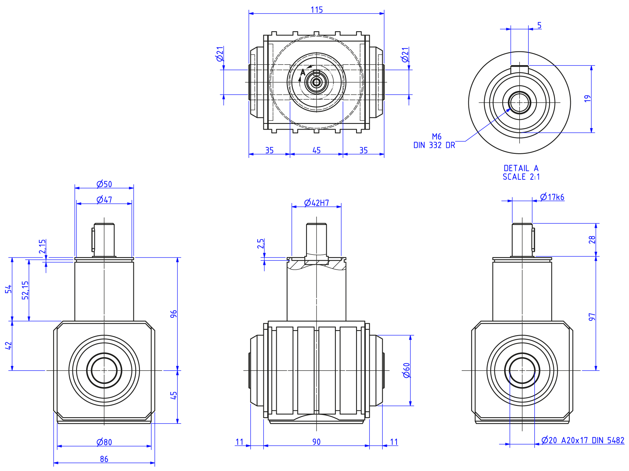 Maatschets haakse overbrenging RAN20CAVO bouwvorm SA holle uitgaande as DIN A20x17 - HS massief ingaande as 17mm