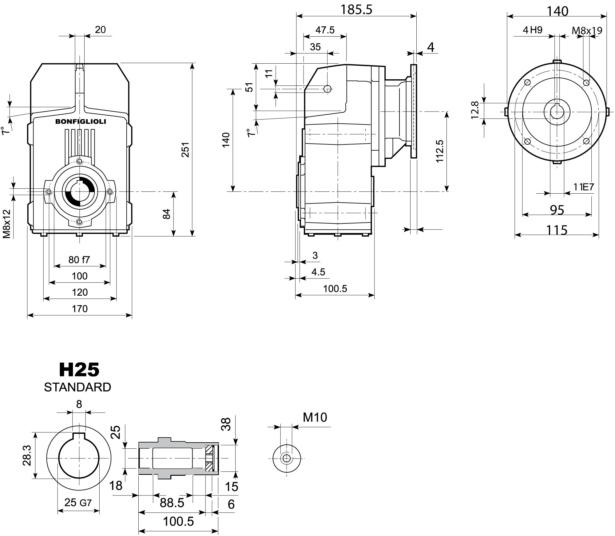 Maatschets Bonfiglioli Riduttori F-serie opsteek tandwielkast type F0102 bouwvorm H met IEC motoraanbouwflens P063/B5