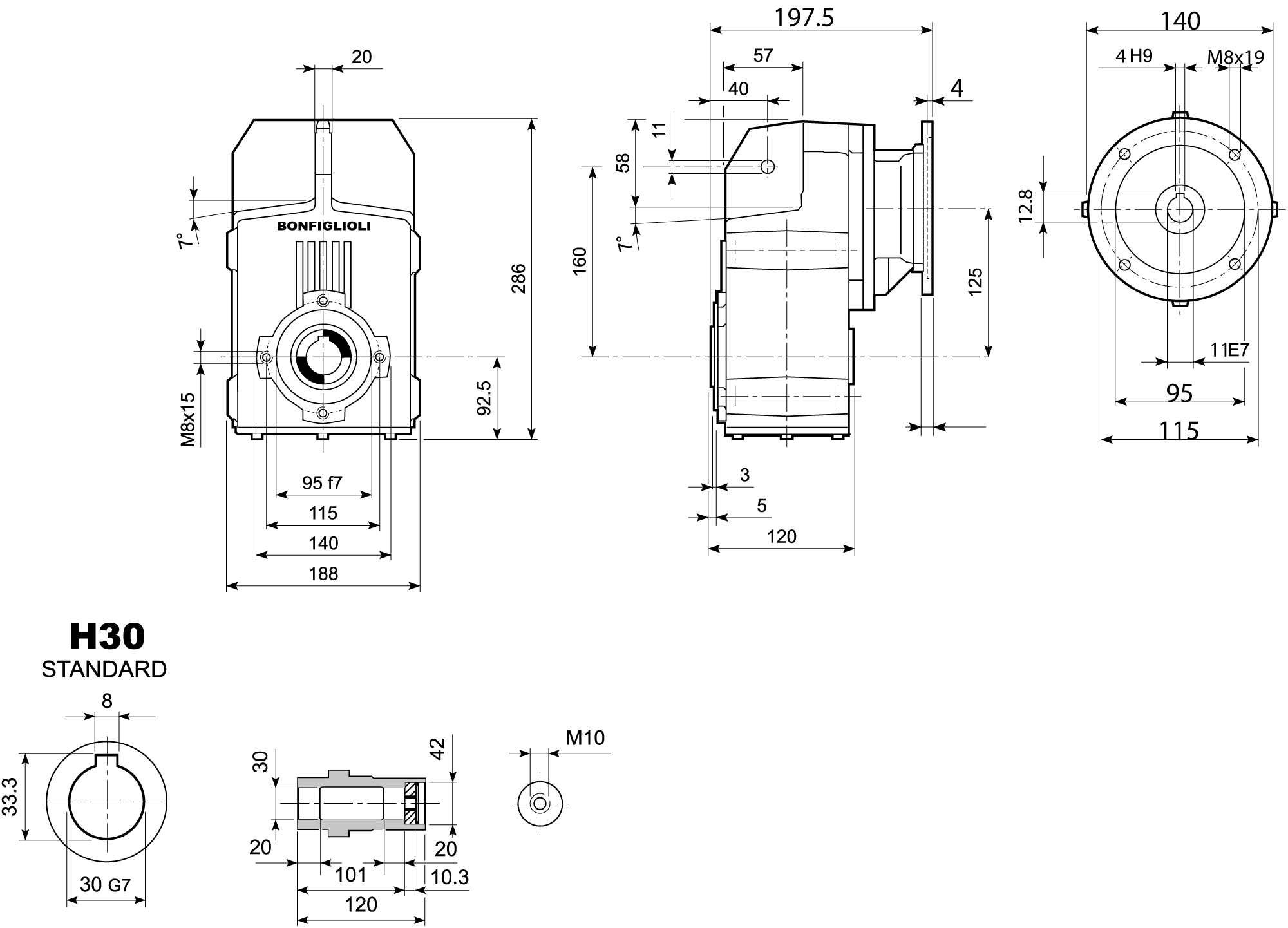 Maatschets Bonfiglioli Riduttori F-serie opsteek tandwielkast type F0202 bouwvorm H met IEC motoraanbouwflens P063/B5