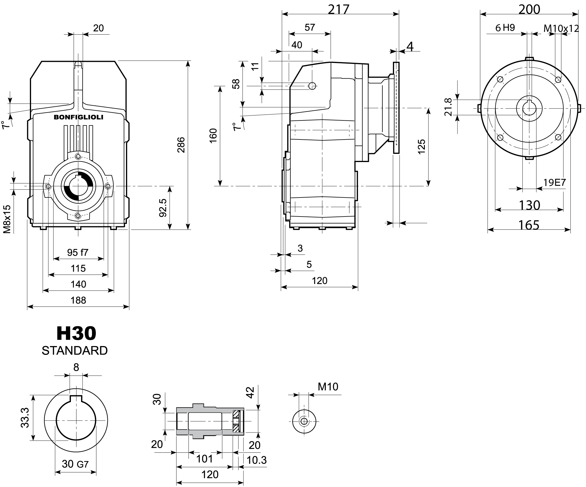 Maatschets Bonfiglioli Riduttori F-serie opsteek tandwielkast type F0202 bouwvorm H met IEC motoraanbouwflens P080/B5