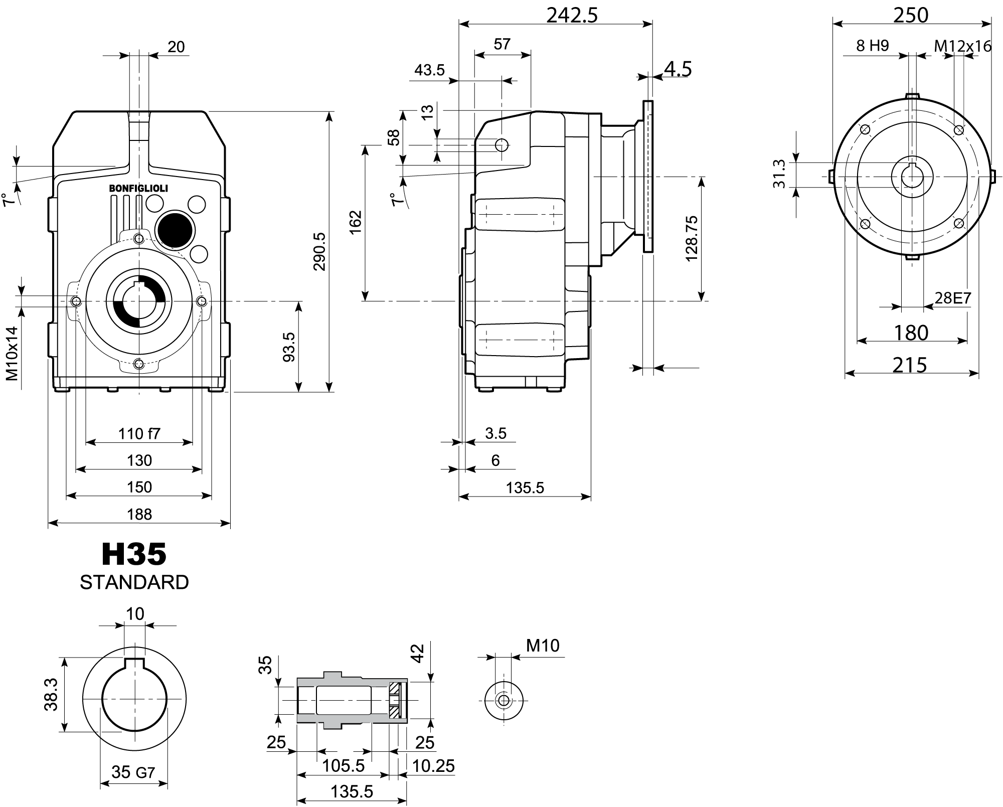 Maatschets Bonfiglioli Riduttori F-serie opsteek tandwielkast type F0252 bouwvorm H met IEC motoraanbouwflens P100/B5