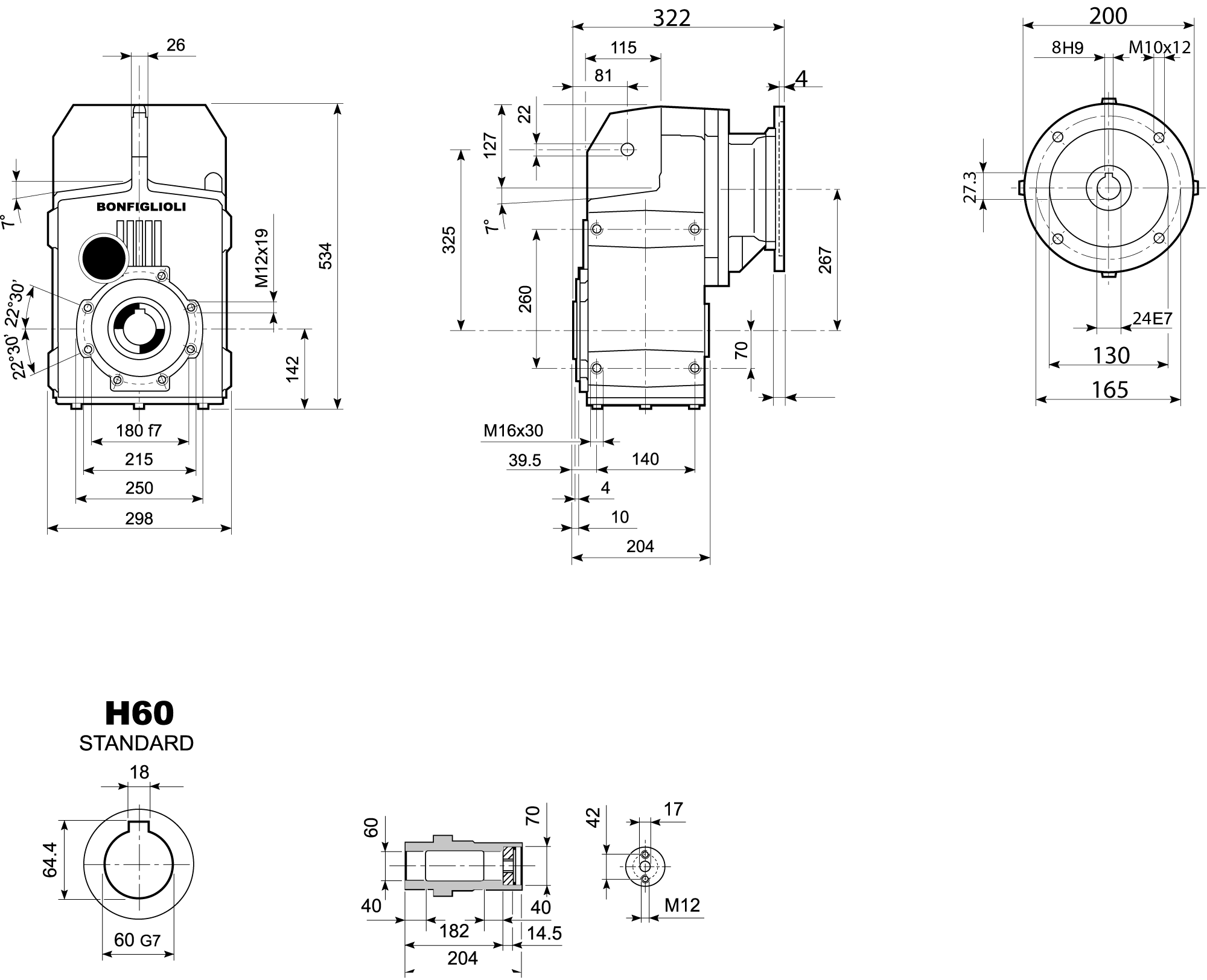 Maatschets Bonfiglioli Riduttori F-serie opsteek tandwielkast type F0603 bouwvorm H met IEC motoraanbouwflens P090/B5
