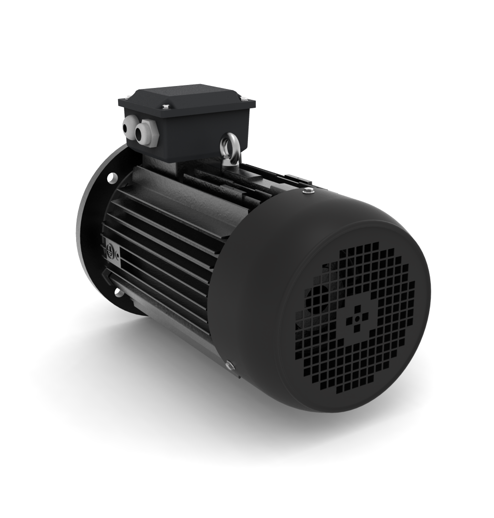 ELSTO YE3-serie gietijzeren draaistroommotor IE3 bouwvorm B5 schuin achter aanzicht